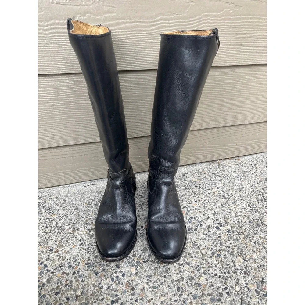 Frye Lindsey Plate Women's Size 7.5‎ Shoes Black Leather Tall Riding Boots 76976
